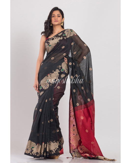 Women's Black Handloom Blended Cotton Saree