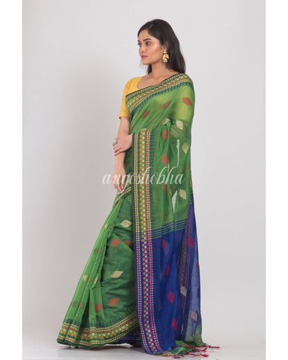 Women's Green Handloom Blended Cotton Saree