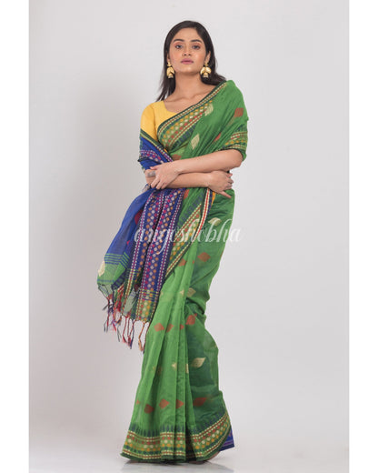 Women's Green Handloom Blended Cotton Saree