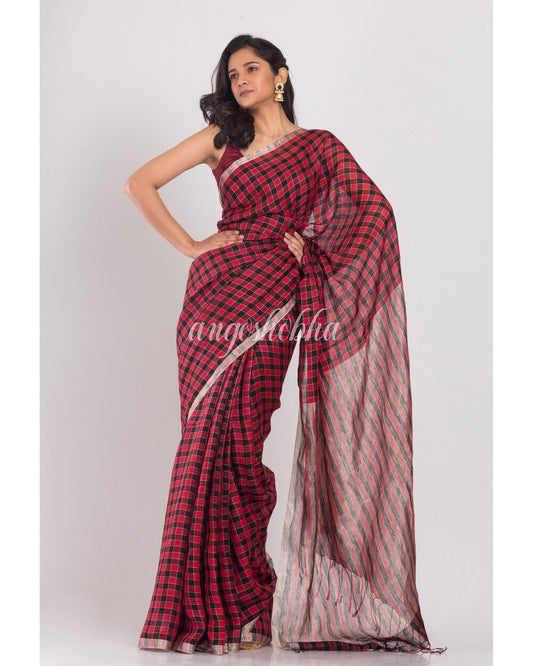 Women's Red Black Stripes Linen Saree