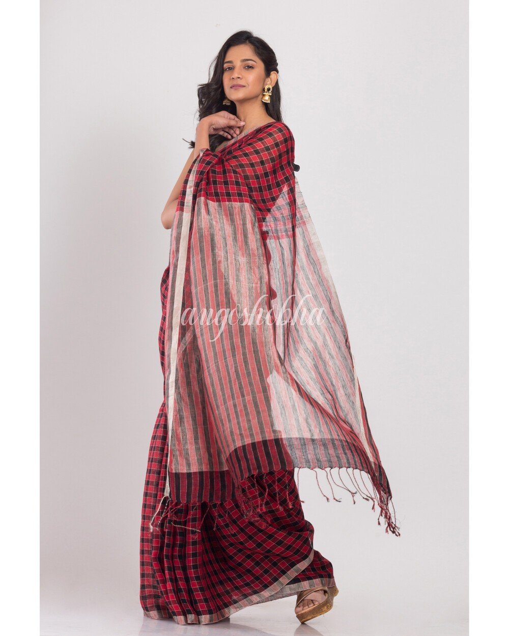 Women's Red Black Stripes Linen Saree