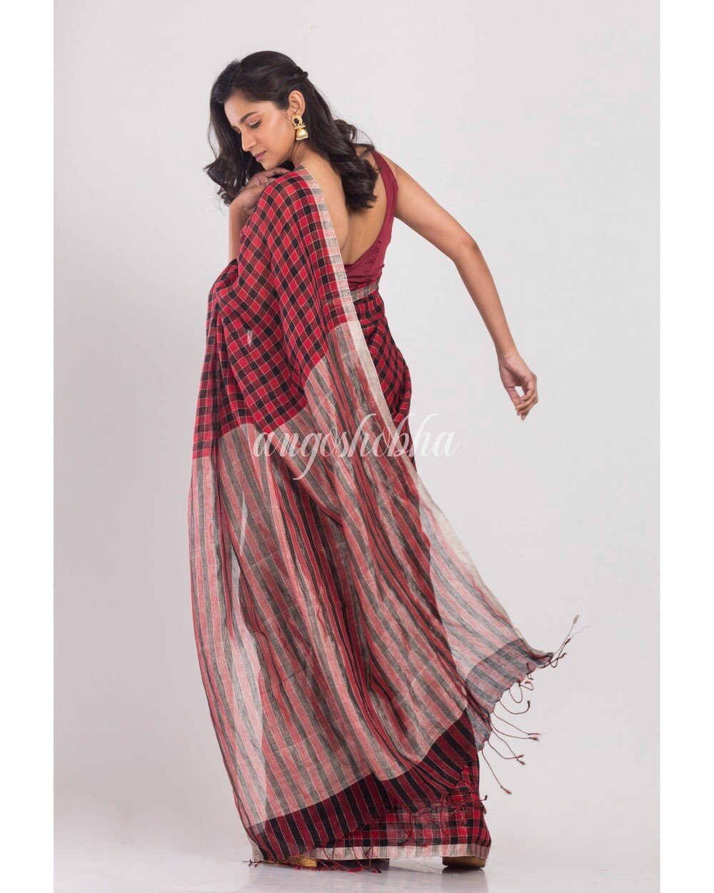 Women's Red Black Stripes Linen Saree