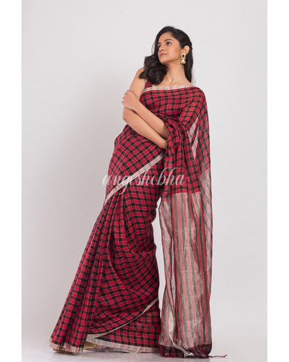 Women's Red Black Stripes Linen Saree