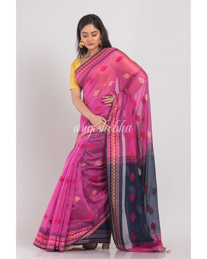 Women's Pink Handloom Blended Cotton Saree