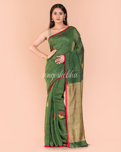 Women's Green Handwoven Linen Saree