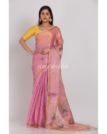 Women's Pink Tussar Silk Jamdani Saree