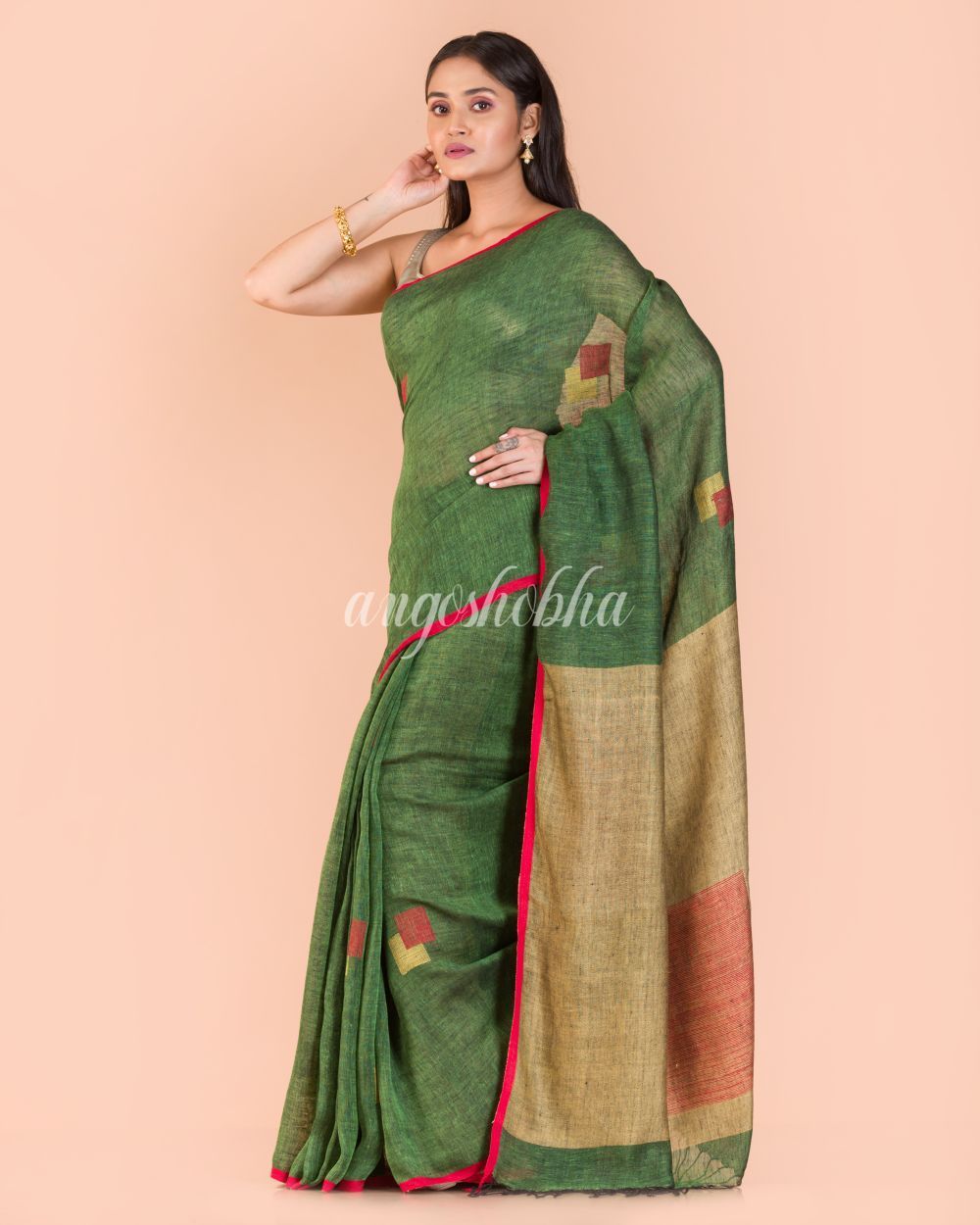 Women's Green Handwoven Linen Saree