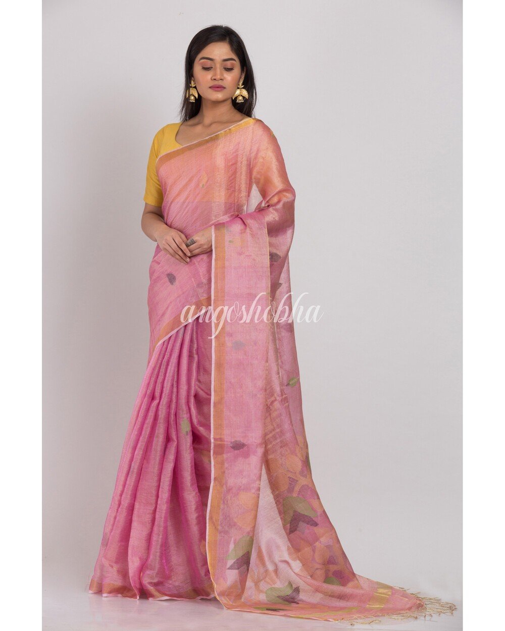 Women's Pink Tussar Silk Jamdani Saree