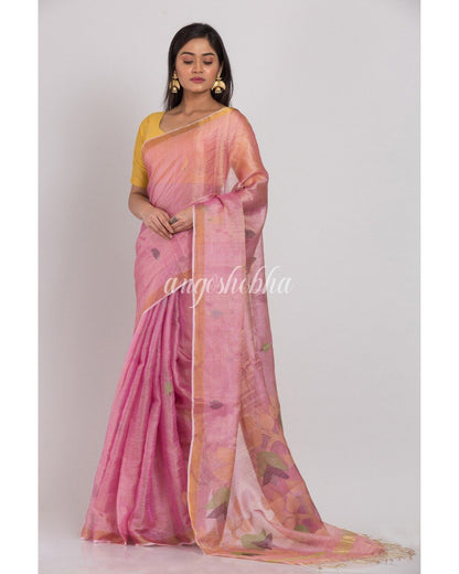 Women's Pink Tussar Silk Jamdani Saree