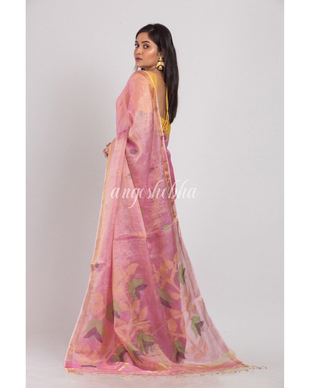 Women's Pink Tussar Silk Jamdani Saree