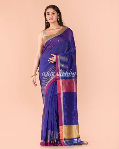 Women's Blue Handwoven Blended Cotton Saree