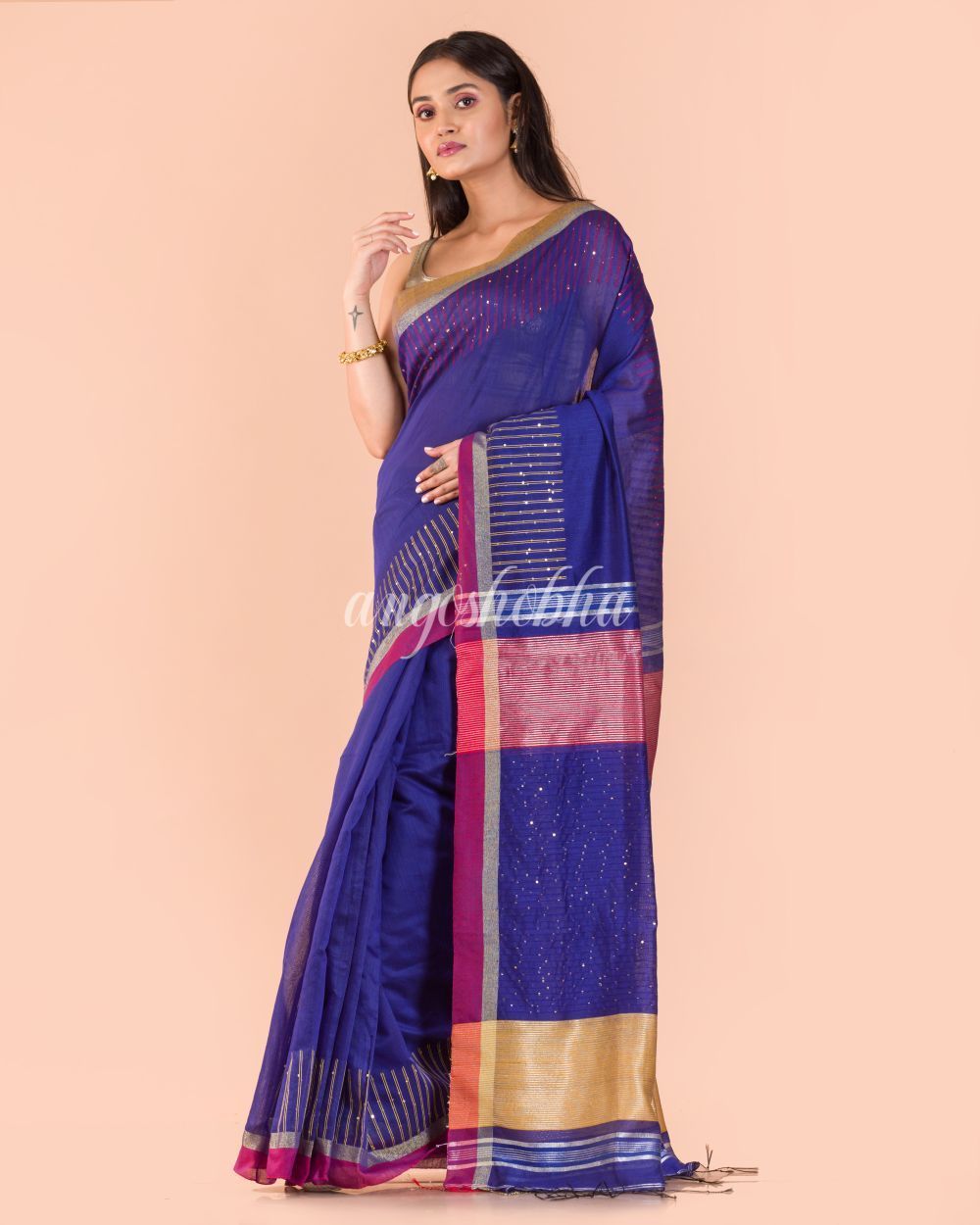 Women's Blue Handwoven Blended Cotton Saree