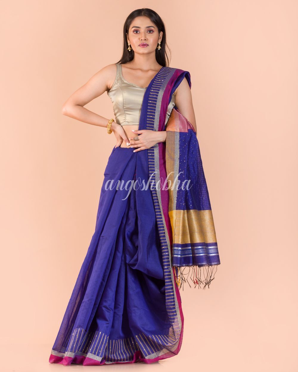 Women's Blue Handwoven Blended Cotton Saree