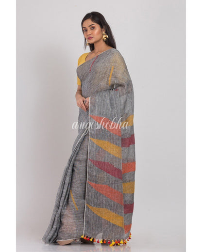 Women's Grey Handloom Linen Saree