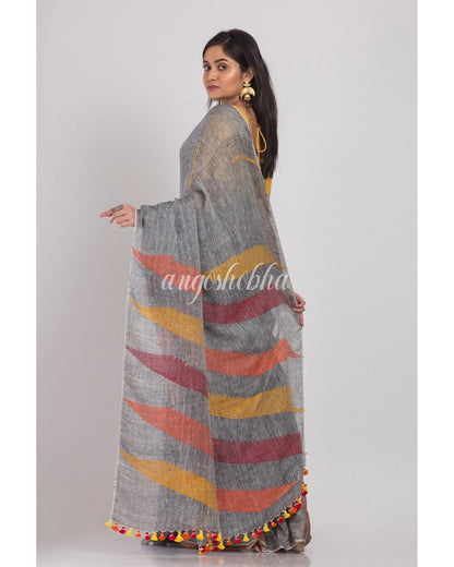 Women's Grey Handloom Linen Saree