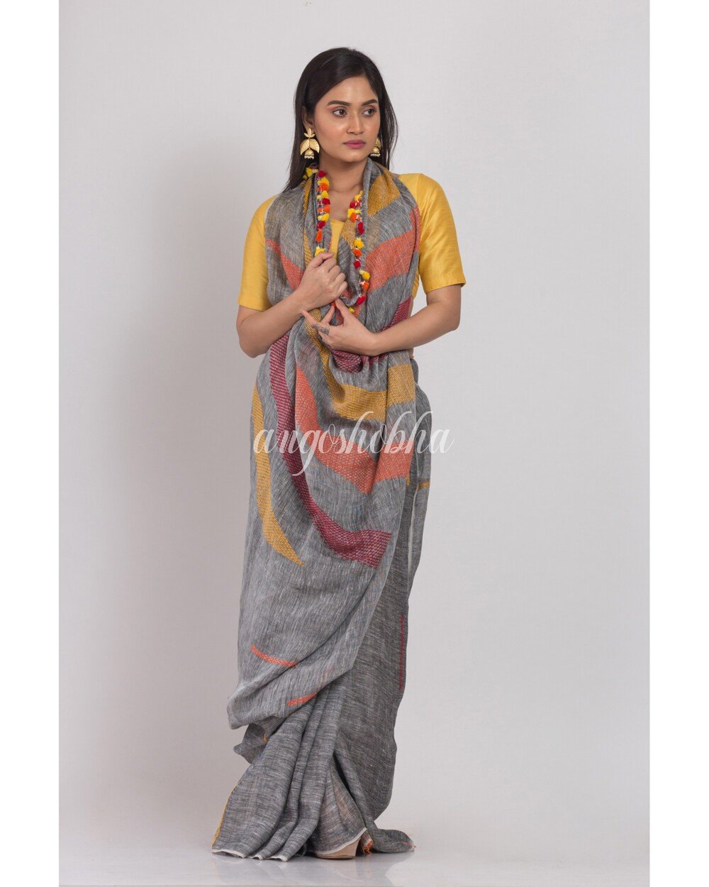 Women's Grey Handloom Linen Saree
