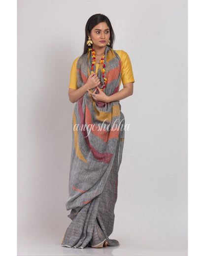 Women's Grey Handloom Linen Saree