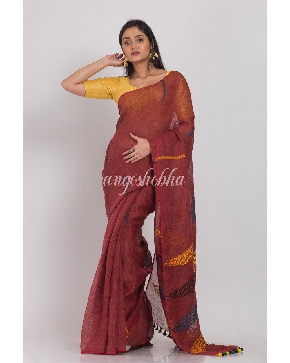 Women's Brown Handloom Linen Saree