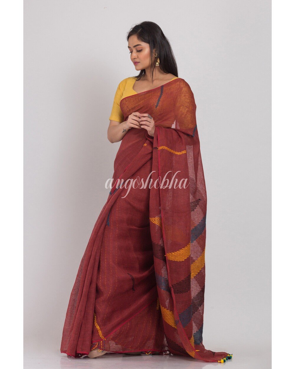 Women's Brown Handloom Linen Saree