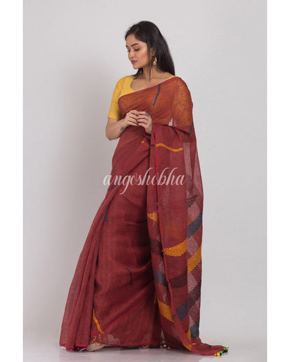 Women's Brown Handloom Linen Saree