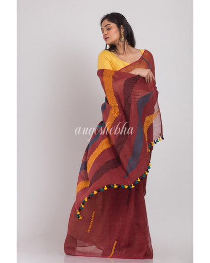 Women's Brown Handloom Linen Saree