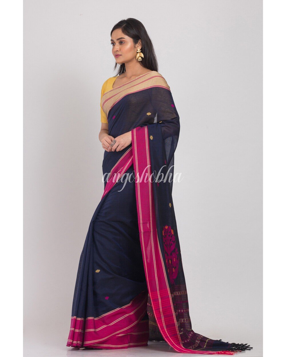 Women's Navyblue Handloom Cotton Jamdani Saree