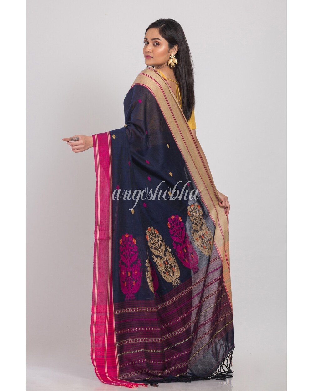Women's Navyblue Handloom Cotton Jamdani Saree
