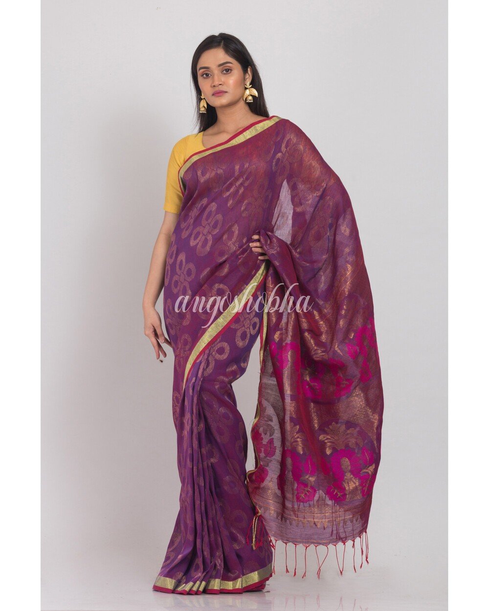 Women's Purple Linen Jamdani Saree