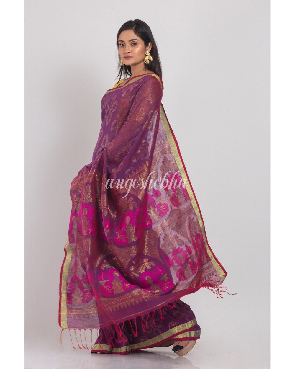 Women's Purple Linen Jamdani Saree