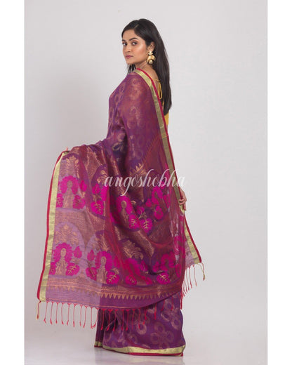 Women's Purple Linen Jamdani Saree