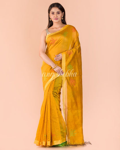 Women's Yellow Blended Cotton Jamdani Saree