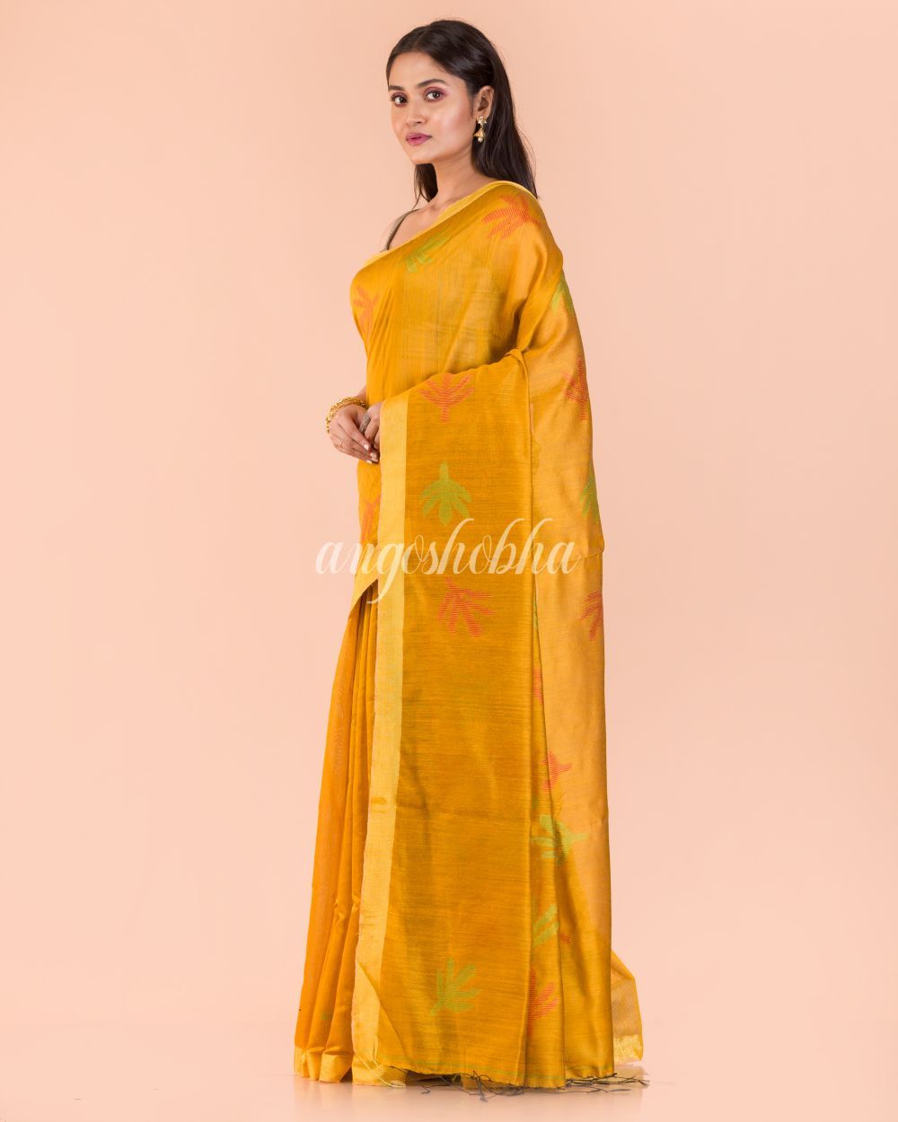 Women's Yellow Blended Cotton Jamdani Saree