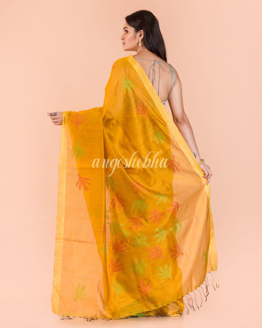 Women's Yellow Blended Cotton Jamdani Saree