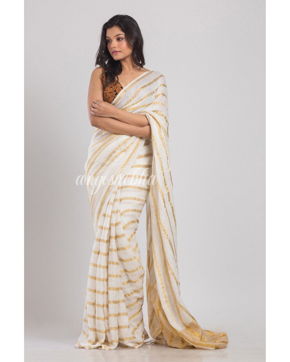Women's White Handloom Linen Saree
