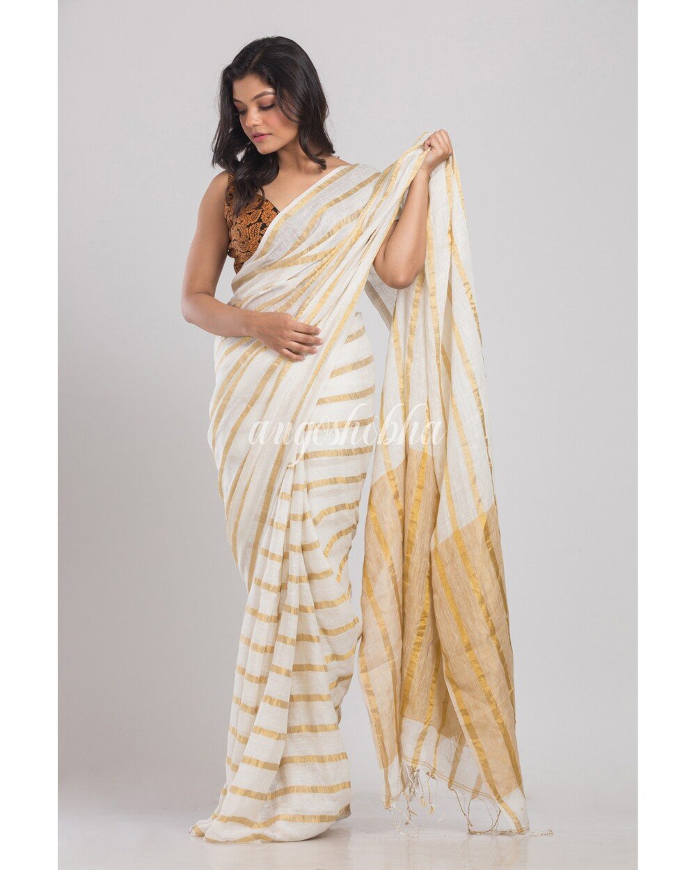 Women's White Handloom Linen Saree
