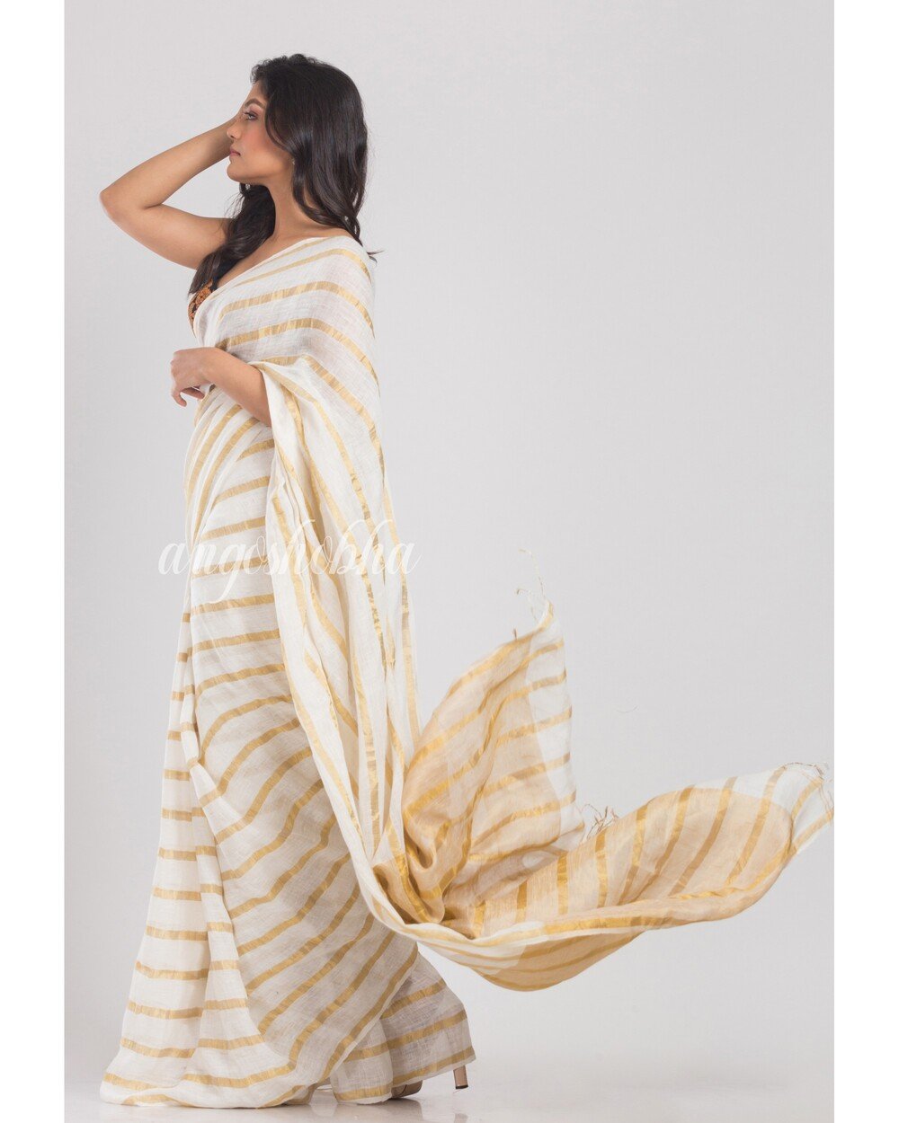 Women's White Handloom Linen Saree