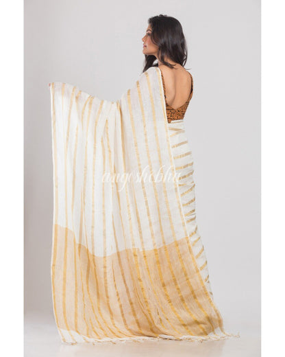 Women's White Handloom Linen Saree