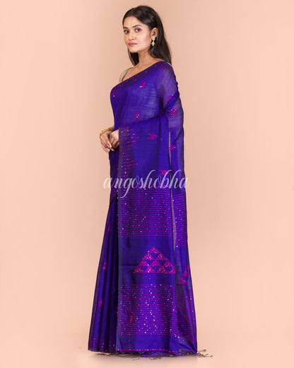 Women's Blue Handloom Blended Cotton Saree