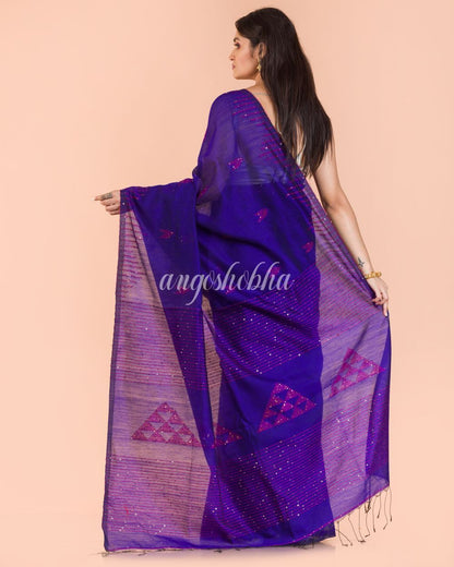 Women's Blue Handloom Blended Cotton Saree