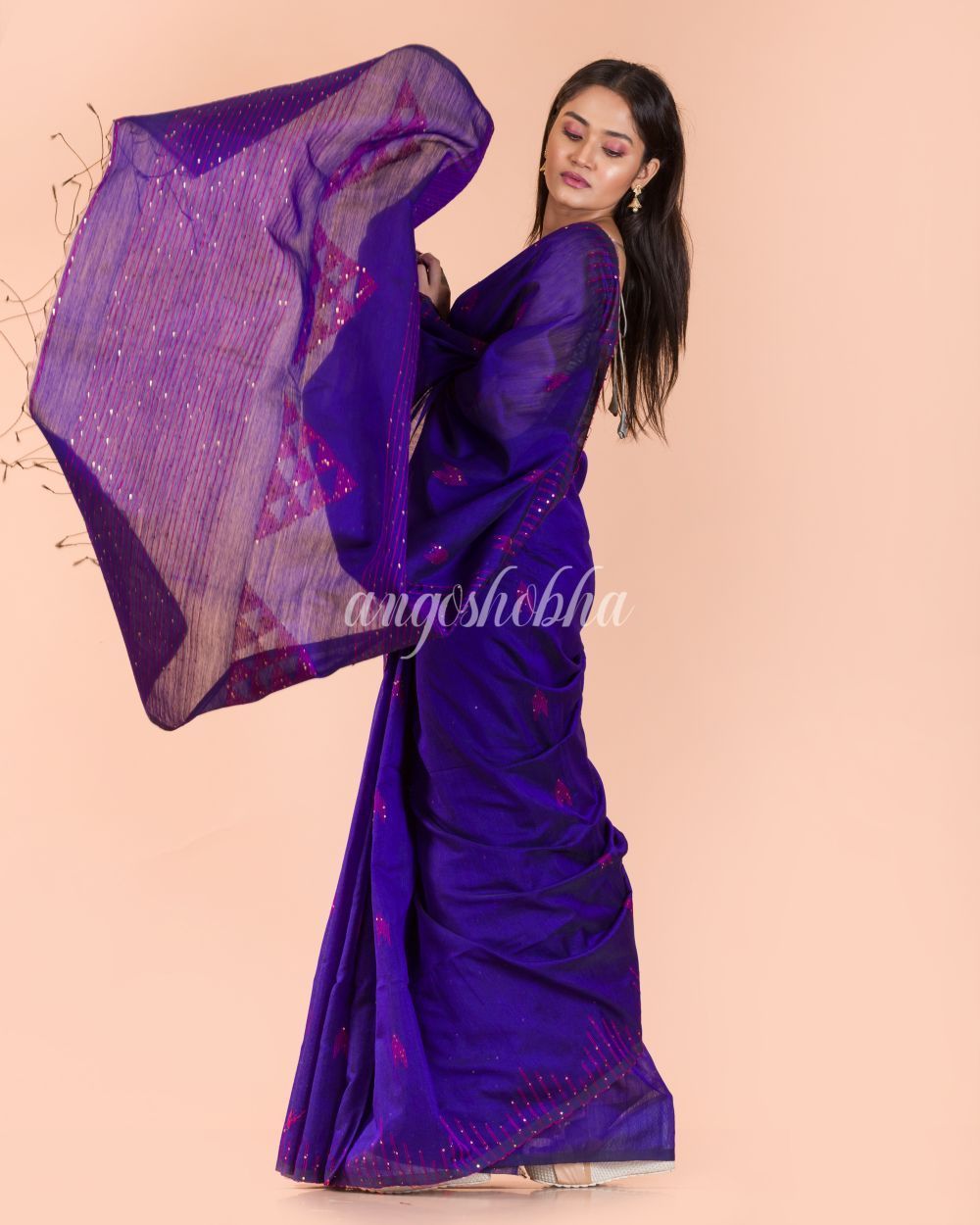 Women's Blue Handloom Blended Cotton Saree