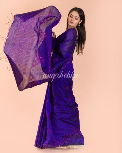 Women's Blue Handloom Blended Cotton Saree