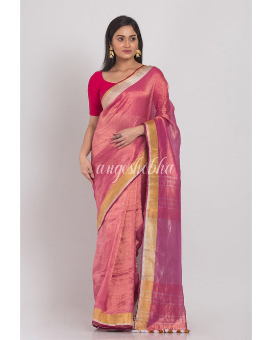 Women's Pink Linen Tissue Handloom Saree