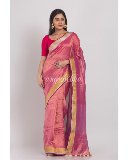 Women's Pink Linen Tissue Handloom Saree