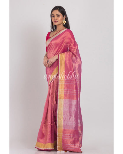 Women's Pink Linen Tissue Handloom Saree