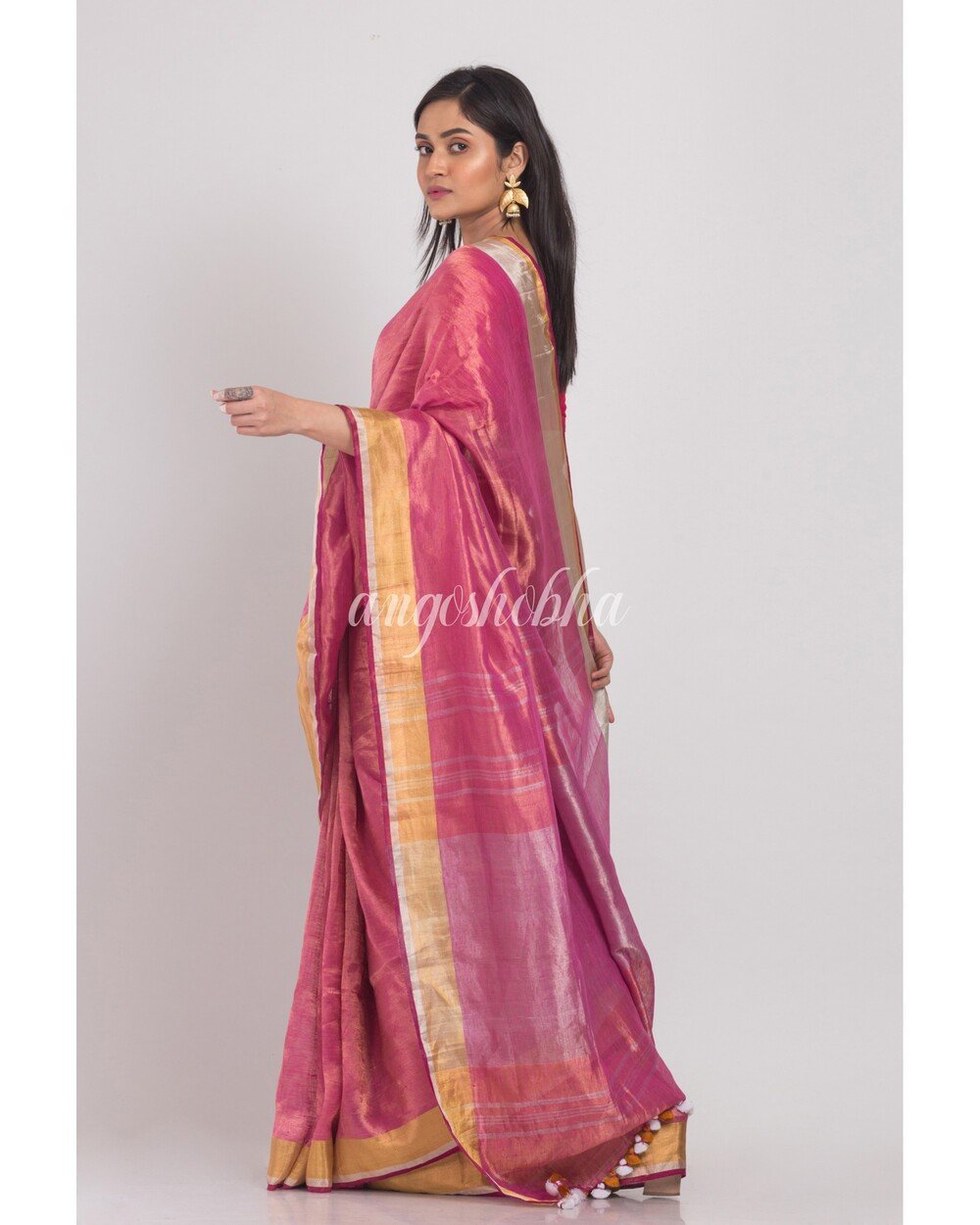 Women's Pink Linen Tissue Handloom Saree