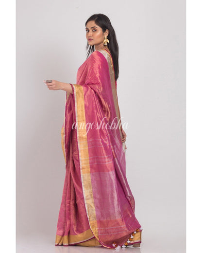 Women's Pink Linen Tissue Handloom Saree