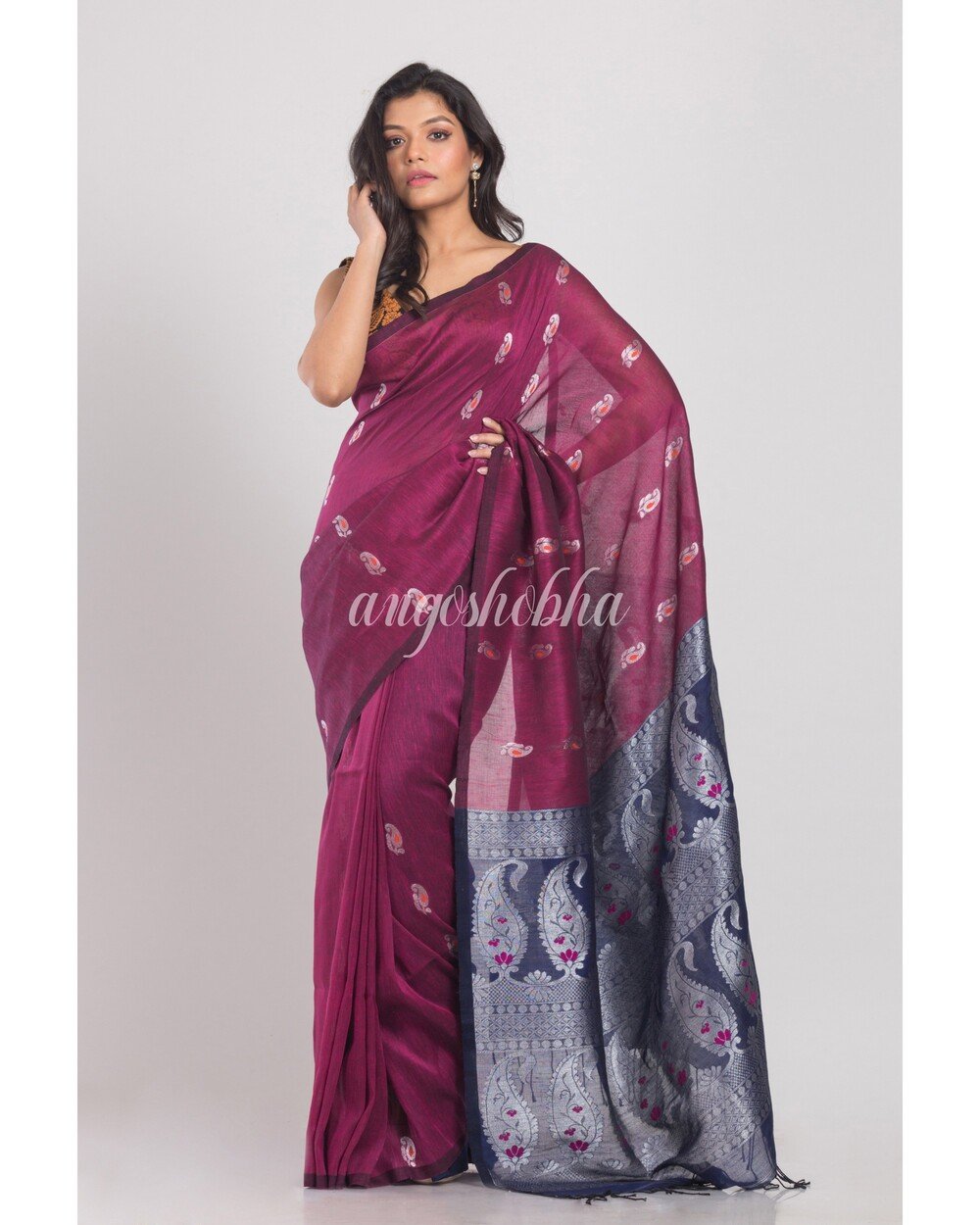 Women's Purple Handloom Linen Saree