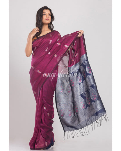 Women's Purple Handloom Linen Saree