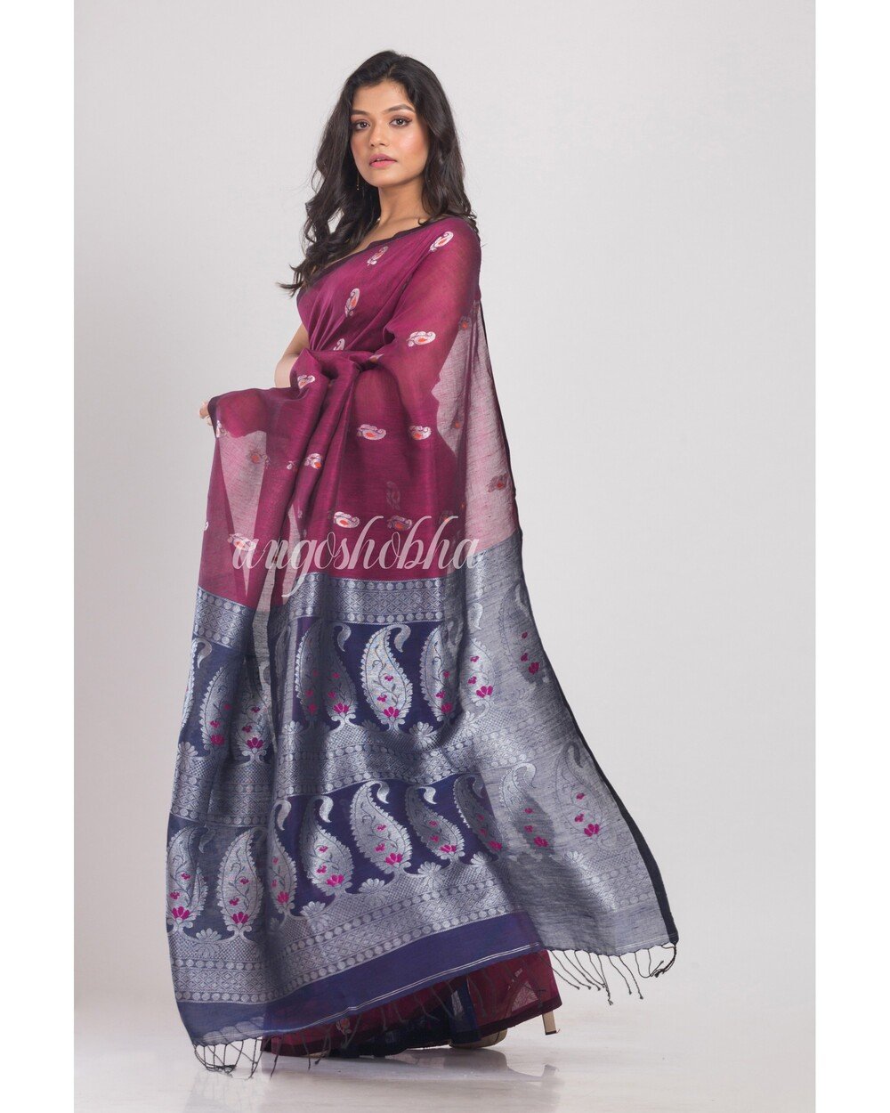Women's Purple Handloom Linen Saree
