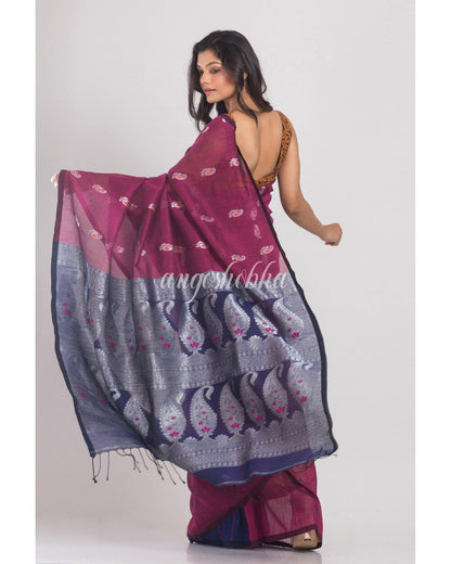 Women's Purple Handloom Linen Saree
